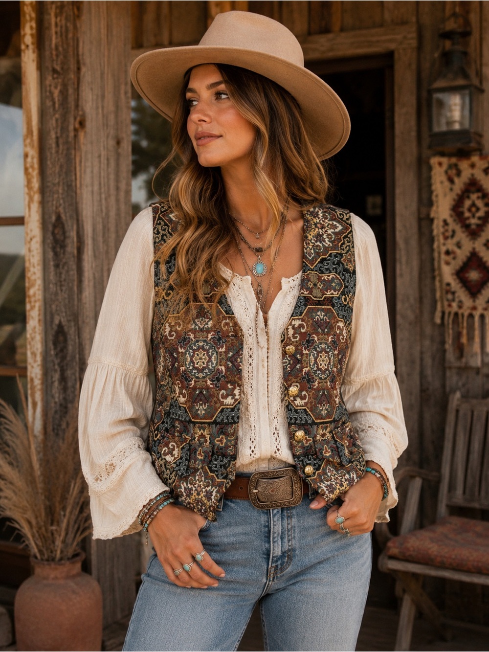 Vintage Tapestry & Suede Vest | Satin Lined Boho Western Waistcoat S/M